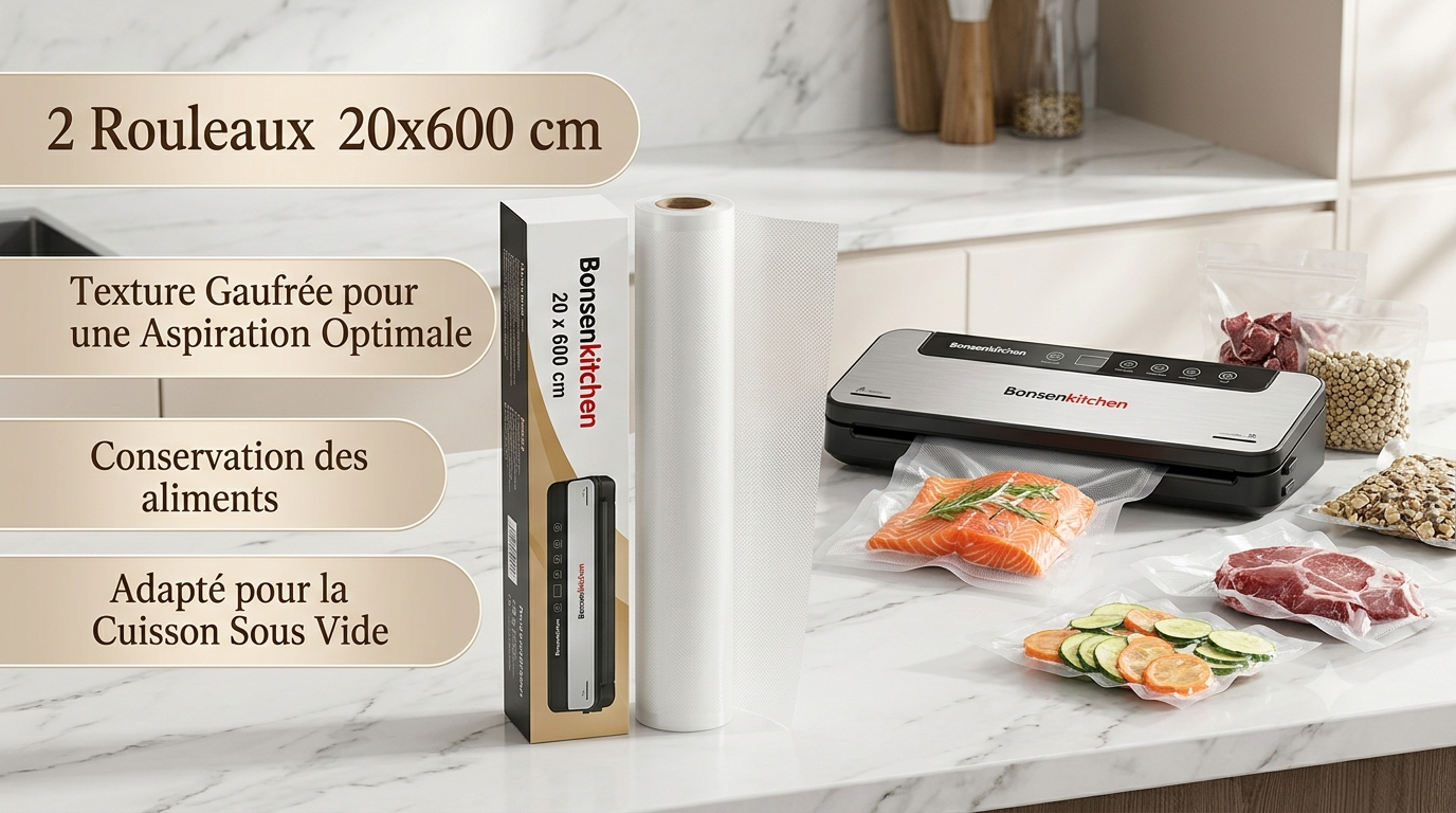 Lot de 2 Rouleaux de Sacs Sous Vide Bonsenkitchen 20x600 cm – Sur Mesure, Gaufrés & Cuisson