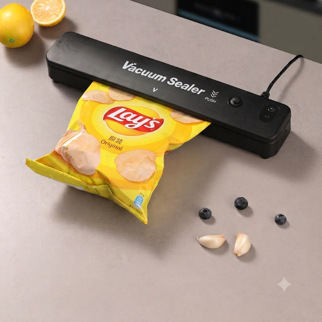 Scelleuse sous vide en cours d'utilisation pour resceller un paquet de chips