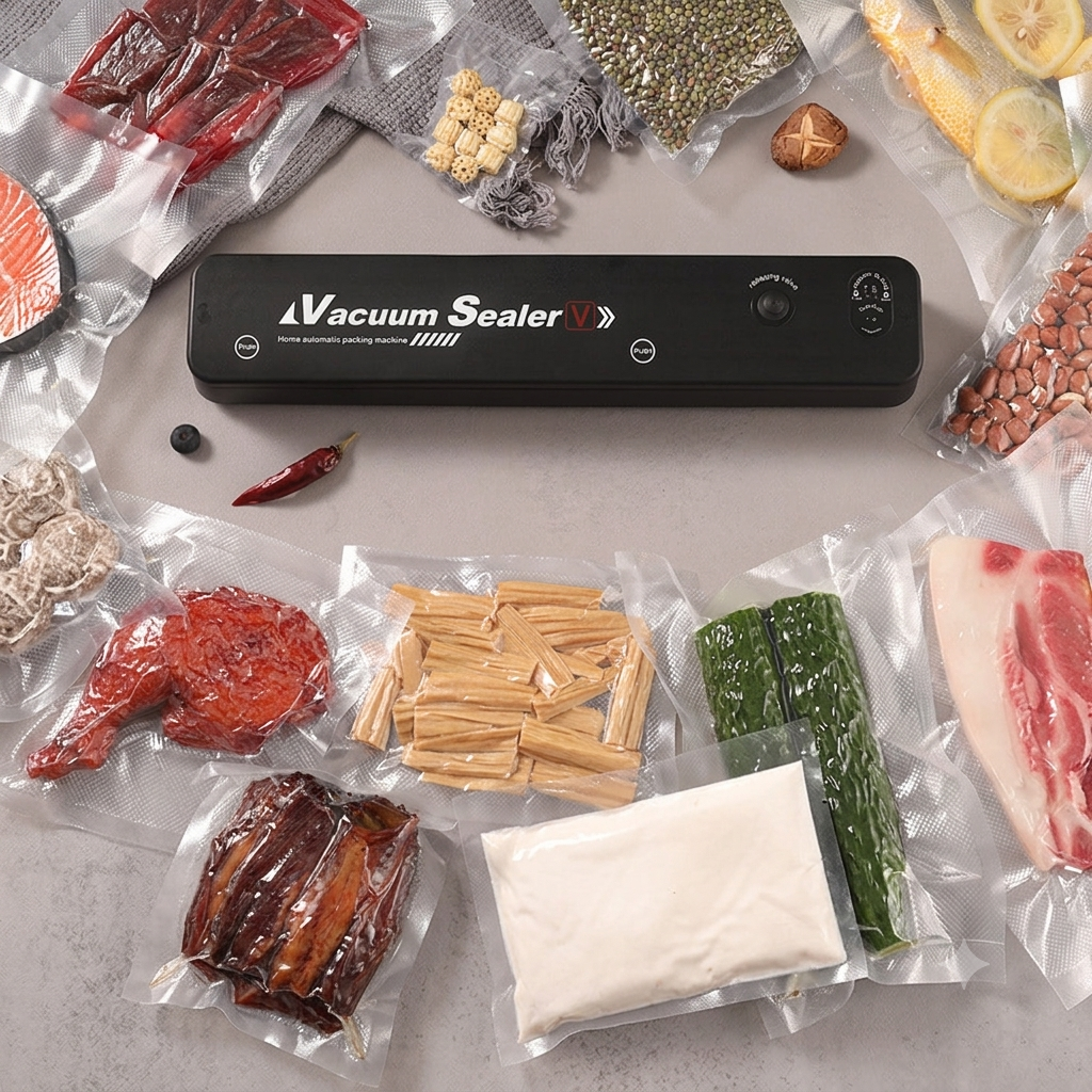 Scelleuse sous vide entouree d'aliments emballes sous vide : viande, legumes, fruits secs