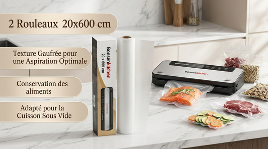 Lot de 2 Rouleaux de Sacs Sous Vide Bonsenkitchen 20x600 cm – Sur Mesure, Gaufrés & Cuisson