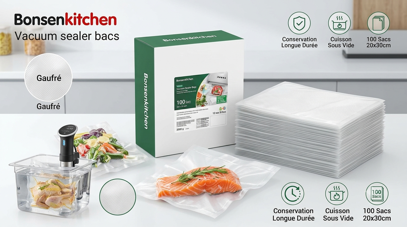 Lot de 100 Sacs Sous Vide Bonsenkitchen 20x30 cm – Gaufrés, Conservation & Cuisson